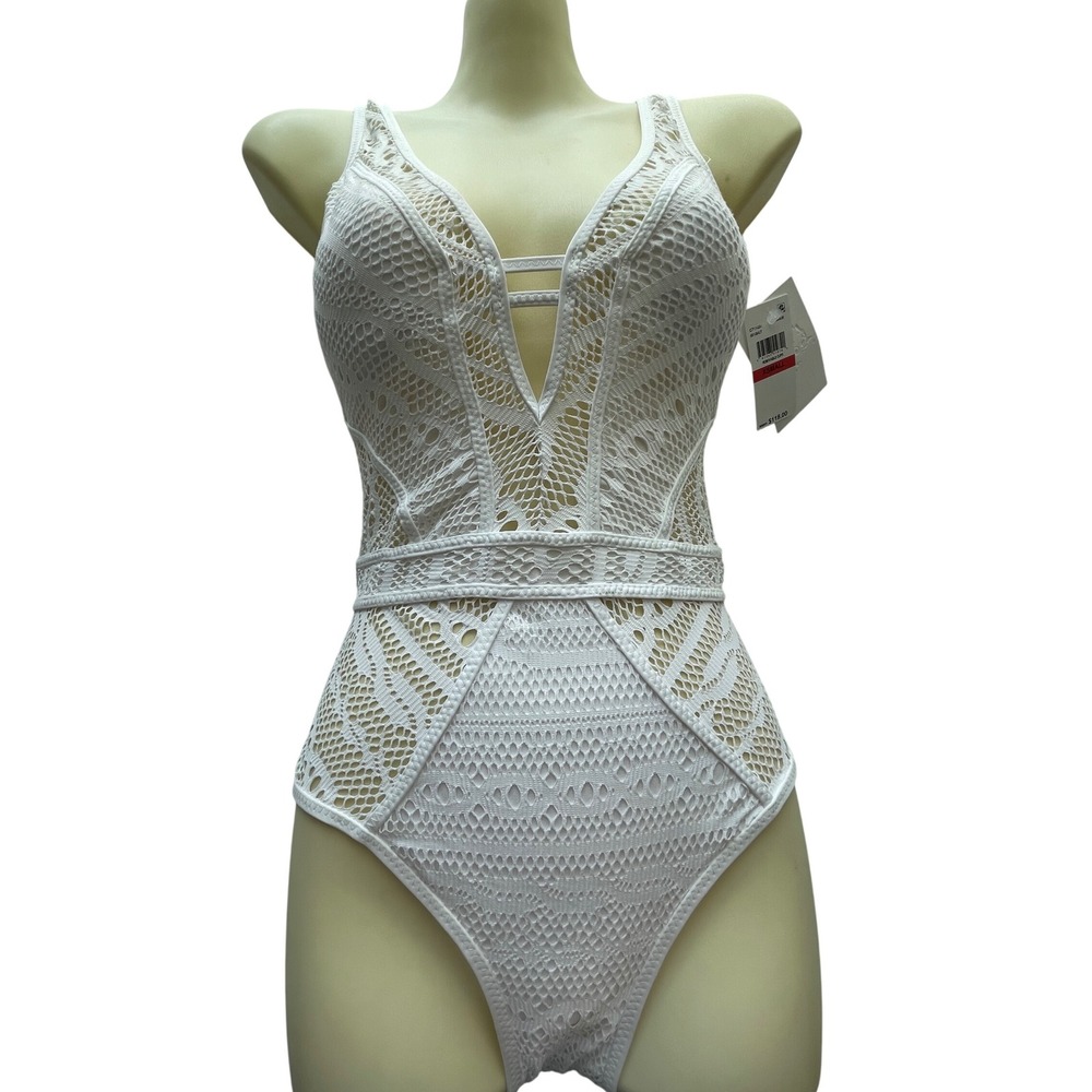 Becca White Lace, Crochet Color‎ Play Plunge One Piece Swimsuit Size XS